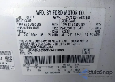 2015 Ford Explorer Xlt из США, поврежденный, VIN 1FM5K8D80FGA95069